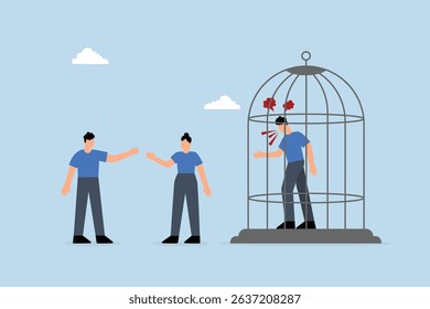 Toxic boss, angry manager captured and team are peacefully discussing work outside.