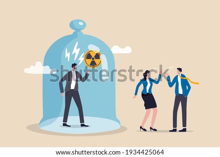 Toxic boss, bad environment in workplace, unfairness, micromanage or mislead manager concept, angry manager captured in cover with prohibit toxic sign and team are peacefully discussing work outside.