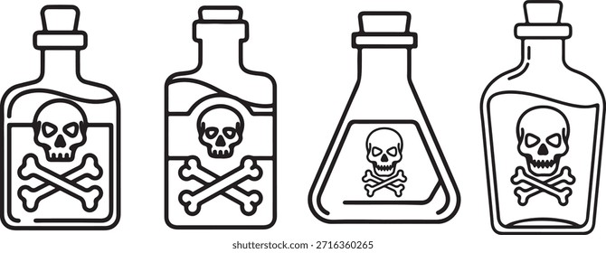 Conjunto de iconos de botellas tóxicas con advertencia de cráneo: Vector de símbolos de veneno para temas de peligro, peligro y seguridad