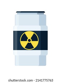 Toxic chemical barrel. Steel tank with radioactive waste. Container radiation icon in flat style. Dangerous substance. Storage of nuclear components