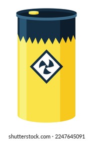 Toxic chemical barrel. Steel tank with dangerous waste. Container with attention icon in flat style. Dangerous substance. Storage of components