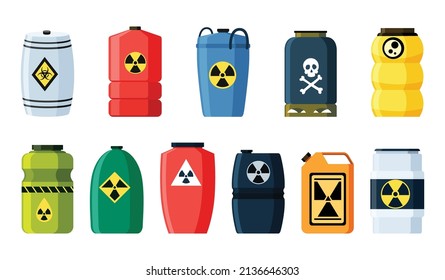 Toxic Chemical Barrels. Steel Tanks With Radioactive Waste. Containers With Oil Drop, Crossbones, Radiation And Biohazard Icons In Flat Style. Dangerous Substance. Storage Of Nuclear Components