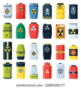 Toxic chemical barrels. Steel tanks with radioactive waste. Containers with oil drop, crossbones, radiation and biohazard icons in flat style. Dangerous substance. Storage of nuclear components