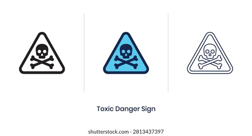 Toxic danger sign icon set with skull and crossbones in warning triangle. Flat, glyph, and outline vector icons for chemical safety website UI, biohazard hazard app UX, and laboratory dashboard.