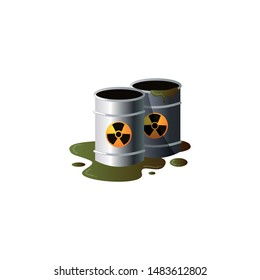 Toxic Emissions In Metal Barrels With Radioactive Waste And Spilled Liquid.Clipart Raster Flat Illustration