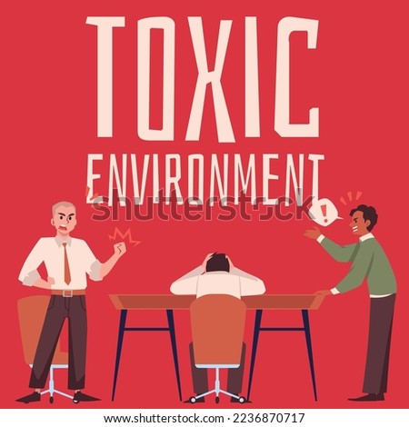 Toxic environment banner or poster with arguing conflicting company employees, flat vector illustration. Lack of corporate ethics and toxic work environment.