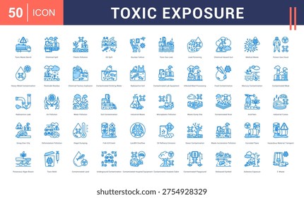 Toxic Exposure Icon Set. toxic waste barrel, chemical spill, plastic pollution, oil spill, nuclear fallout and more. Blue Style vector icons collection.