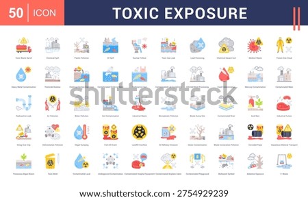Toxic Exposure Icon Set. toxic waste barrel, chemical spill, plastic pollution, oil spill, nuclear fallout and more. Flat Style vector icons collection.