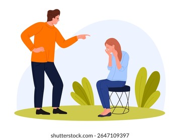 Toxic family and love relationship, harassment, violence and conflict with psychological pressure. Angry man screaming, pointing finger to crying girl feeling stress cartoon vector illustration