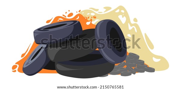 Toxic fire with air pollution from burning car\
tyres. Isolated tires made of rubber in flames. Harmful smoke and\
contamination of surroundings. Recycling from landfill waste.\
Vector in flat style
