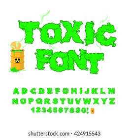 Toxic Font. Green Alphabet Nuclear Waste. Venomous Acid Alphabet. Yellow Barrel With Sign Of Radiation. Open Container Of Radioactive Waste
