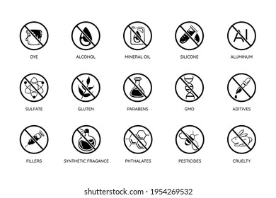 Toxic free icon set. Monochromatic design. Cruelty free, free toxic: alcohol, mineral oil, silicone, aluminum, sulfates, parabens... Perfect for natural cosmetic products. Vector illustration.