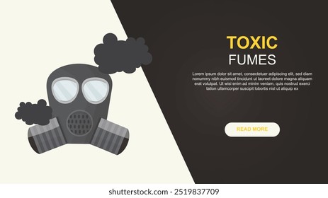 Toxic fumes banner illustration. Illustration of a gas mask surrounded by toxic fumes, emphasizing hazardous air or chemical pollution with a warning message