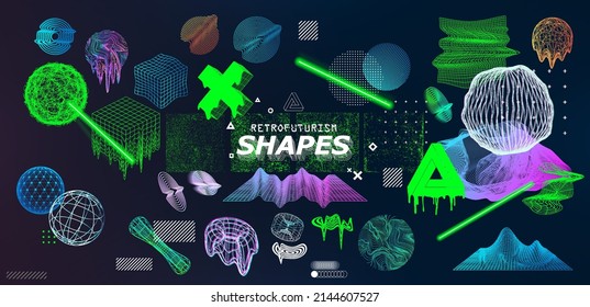 Toxic and futuristic colors on trendy universal shapes with glitch, fluid effect. Vaporwave and memphis shapes with retrofuturistic style forms. Memphis universal shapes for t-shirt, merch. Vector set