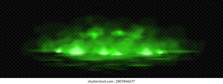 Toxic green clouds above liquid surface. Green glowing steam with overlay effect. Vector realistic illustration of fog, steam, mist over spooky sea waves make mysterious Halloween atmosphere.
