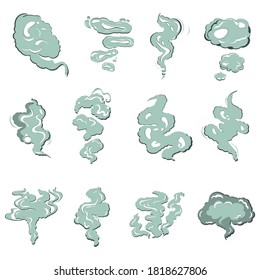 Toxic green smog and vapour trail collection, tooth stink and bad smell food, fume from foot or cigarette, stinky and puff aroma garbage, scent and expired smelly. Vector illustration