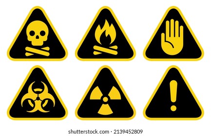 Toxic Hazard, Fire Warning, Attention, Biohazard, Radiation Hazard and Attention Sign. Hazard Icon Set