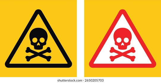 Toxic Hazard Warning Signs – Skull and Crossbones Icon in Yellow Triangle and Red Triangle for Dangerous Chemicals, Poison, Hazardous Materials, and Safety Alerts Vector Illustration for Labeling Use