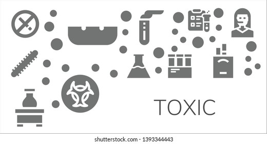 toxic icon set. 11 filled toxic icons.  Collection Of - No smoking, Ashtray, Centipede, Flasks, Flask, Test tube, Biohazard, Science, Cigarettes, Teleoperator