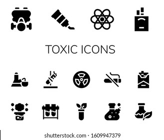 toxic icon set. 14 filled toxic icons.  Simple modern icons such as: Gas mask, Tube, Chemistry, Cigarettes, Chemical reaction, Flask, Test tubes, Test tube, Radioactive, No smoking