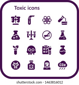 toxic icon set. 16 filled toxic icons.  Simple modern icons about  - Test tube, Chemistry, Flask, Test tubes, No smoking, Skull, Science, Biohazard, Toxic, Teleoperator, CO cloud