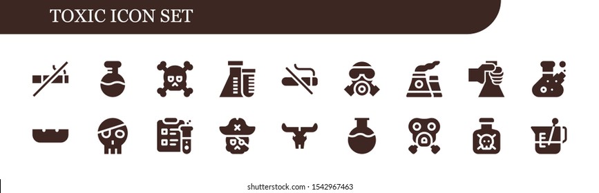 toxic icon set. 18 filled toxic icons.  Simple modern icons about  - No smoking, Flask, Skull, Gas mask, Nuclear, Ashtray, Science, Toxic, Beaker