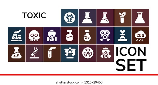 toxic icon set. 19 filled toxic icons.  Collection Of - Biohazard, Nuclear, Flask, Test tube, Radioactive, Gas mask, Skull, Science, CO cloud, Flasks