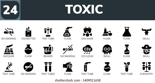 toxic icon set. 24 filled toxic icons.  Collection Of - No smoking, Cigarettes, Test tube, Flask, Gas mask, Skull, Nuclear, Beaker, CO cloud, Test tubes, Chemistry