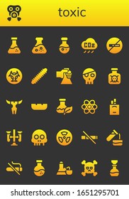 toxic icon set. 26 filled toxic icons. Included Flask, Gas mask, Science, CO cloud, No smoking, Biohazard, Centipede, Skull, Toxic, Ashtray, Chemistry, Cigarettes, Test tubes icons
