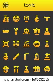 toxic icon set. 26 filled toxic icons. Included Flask, Chemistry, Radioactive, Test tube, Skull, Ashtray, Flasks, Nuclear, No smoking, Centipede, Teleoperator, Test tubes icons