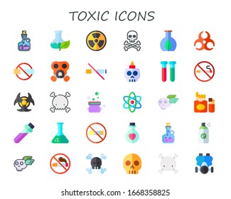 toxic icon set. 30 flat toxic icons.  Simple modern icons such as: poison, flask, nuclear, danger, biohazard, no smoking, gas mask, no smoke, skull, test tubes, science, cigarette