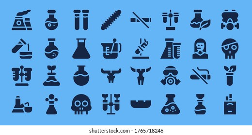 toxic icon set. 32 filled toxic icons. on blue background style Simple modern icons such as: Nuclear, Test tube, Flask, Science, Poison, Test tubes, Skull, Centipede, Beaker, Chemistry