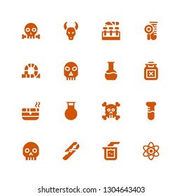 toxic icon set. Collection of 16 filled toxic icons included Science, Beaker, Test tube, Skull, Flask, Ashtray, Poison, Tube