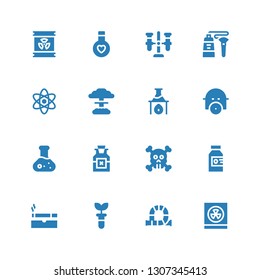 toxic icon set. Collection of 16 filled toxic icons included Radioactivity, Tube, Test tube, Cigarette, Poison, Skull, Flask, Gas mask, Nuclear, Science, Elixir, Radioactive