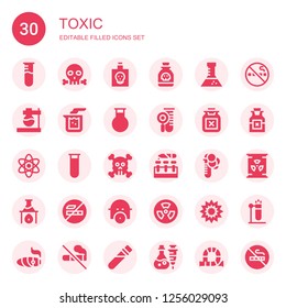 toxic icon set. Collection of 30 filled toxic icons included Test tube, Skull, Poison, Flask, Beaker, Science, No smoking, Gas mask, Nuclear, Explosion, Cigar, Elixir, Tube