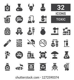 toxic icon set. Collection of 32 filled toxic icons included Test tube, Flask, Nuclear, Radioactive, Cigar, Poison, Skull, No smoking, Cigarette, Elixir, Pollution, Gas mask, Science