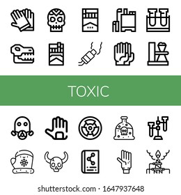 toxic icon set. Collection of Gloves, Skull, Cigarette, Pollution, Pesticide, Test tube, Gas mask, Radioactive, Scientific, Poison, Glove icons