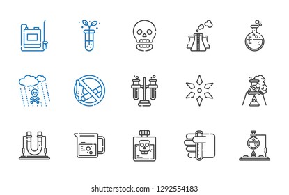 toxic icons set. Collection of toxic with flask, test tube, poison, beaker, science, tubes, no smoking, acid rain, pollution, skull, sprayer. Editable and scalable toxic icons.