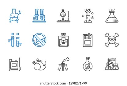 toxic icons set. Collection of toxic with flask, pollution, without, sprayer, skull, cigarettes, poison, no smoking, test tube. Editable and scalable toxic icons.