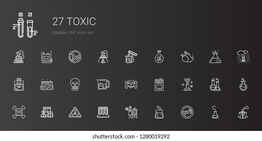 toxic icons set. Collection of toxic with no smoke, flask, smoker, test tubes, nuclear, skull, cigarettes, poison, beaker, test tube, without. Editable and scalable toxic icons.