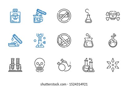 toxic icons set. Collection of toxic with science, flask, without, skull, test tube, no smoking, poison, no smoke. Editable and scalable toxic icons.