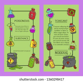 Toxic industry concept banners vector illustration. Different barrel for liquids oil, biofuel, explosive, chemical, radioactive,flammable and poisonous substances and liquids.