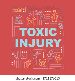 Toxic injury, radioactive intoxication, radiation effect word concepts banner. Infographics with linear icons on red background. Isolated typography. Vector outline RGB color illustration