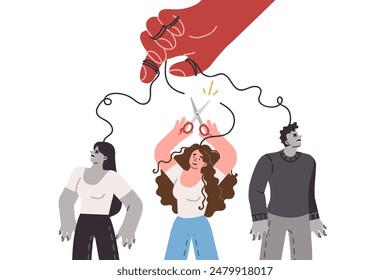 Toxic man manipula a la gente como un titiritero, y pierde el control sobre una mujer valiente con tijeras. Concepto de mala relación tóxica entre el jefe y los subordinados que quieren deshacerse de la manipulación