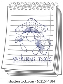 Toxic mushroom border on notebook background. Mushrooms vector set. hand drawn Vector illustration. 