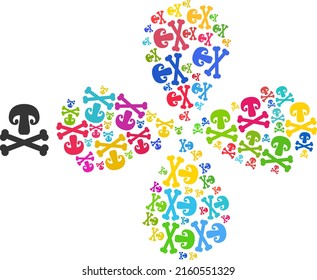 Toxic mushroom icon colored curl flower with four petals composition. Object flower with 4 petals designed from scattered toxic mushroom icons. Vector flower icon collage in flat style.
