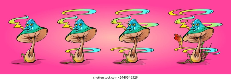 Conjunto de animación de setas tóxicas para fumar aislado sobre fondo rosa. Ilustración de dibujos animados de Vector de estilo retro magnífico hongo con los ojos y la boca, exhalando humo venenoso en el aire, efecto de alucinación