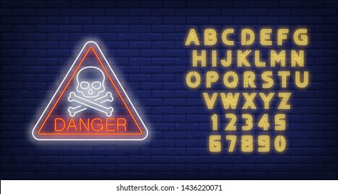 Toxic neon sign. Triangle signboard with skull and Danger word on brick wall background. Vector illustration in neon style for billboards, signage, caution signs