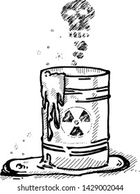 A toxic nuclear waste drum with skull shaped smoke. Hand drawn vector illustration. 