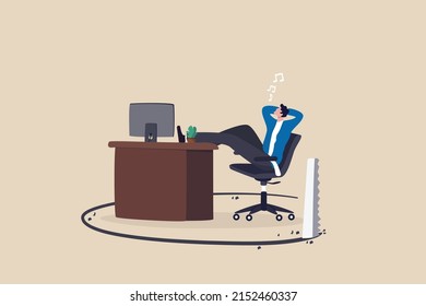 Toxic office, jealousy colleagues, office abuse or bullying, betrayal or threats, failure comfort zone or work problem concept, businessman getting chill on his desk being sawing floor broken down.